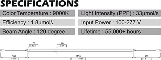 Full Spectrum LED Grow Lights, 4ft, 2 x 18W